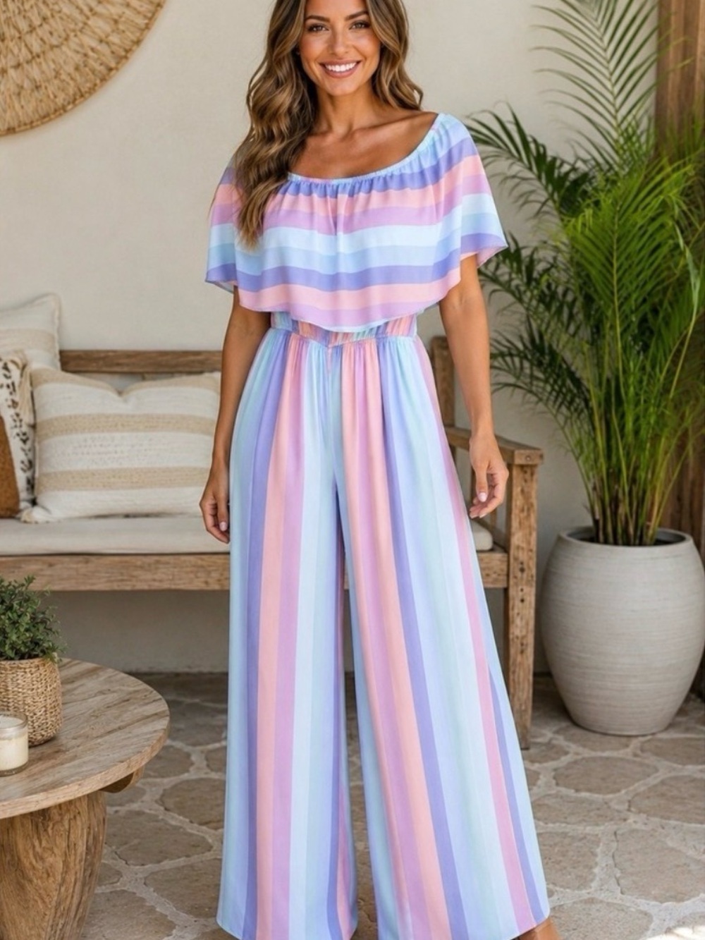 Buddy Love Pastel Stripe Off-Shoulder Wide-Leg Jumpsuit